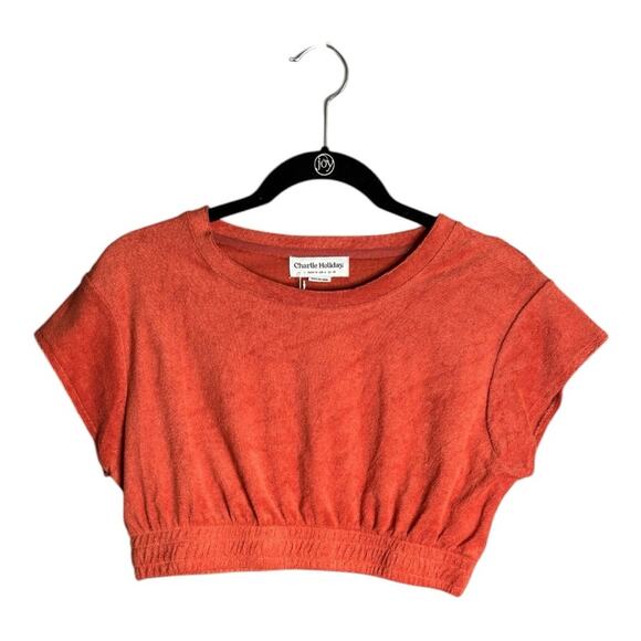 Charlie Holiday Copper Cropped Terry Cloth Short Sleeve Top Size 6 - Picture 1 of 6